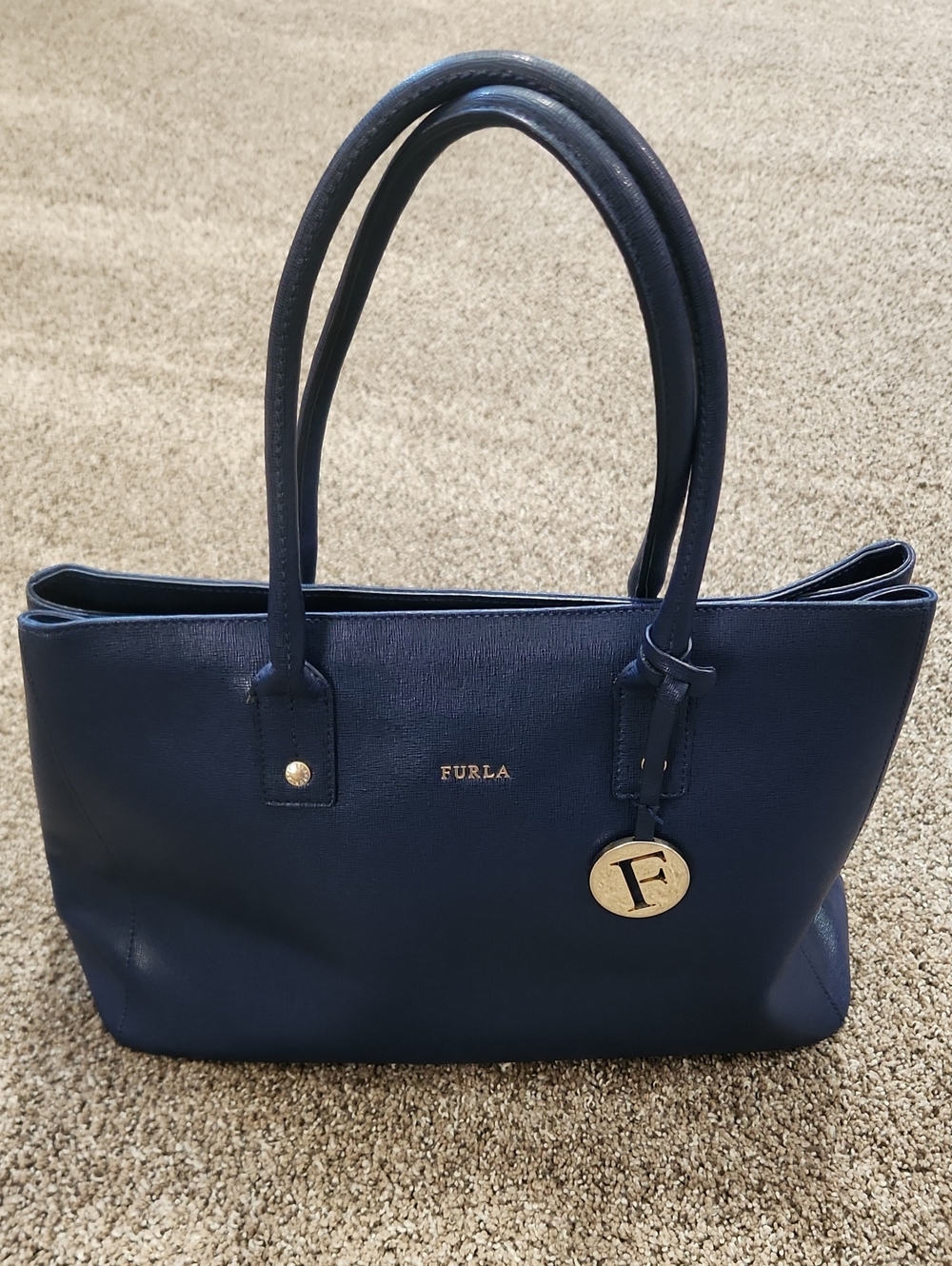 Furla Navy Leather Double-Handle Tote with Gold Charm